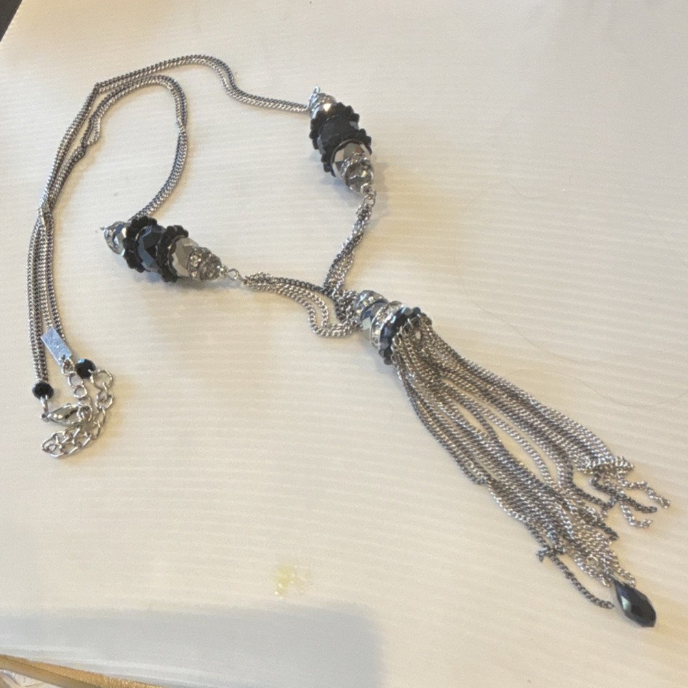 INC Silver Tone and Black GlassNecklace Briolette Tassel Pendant Lobster Closure